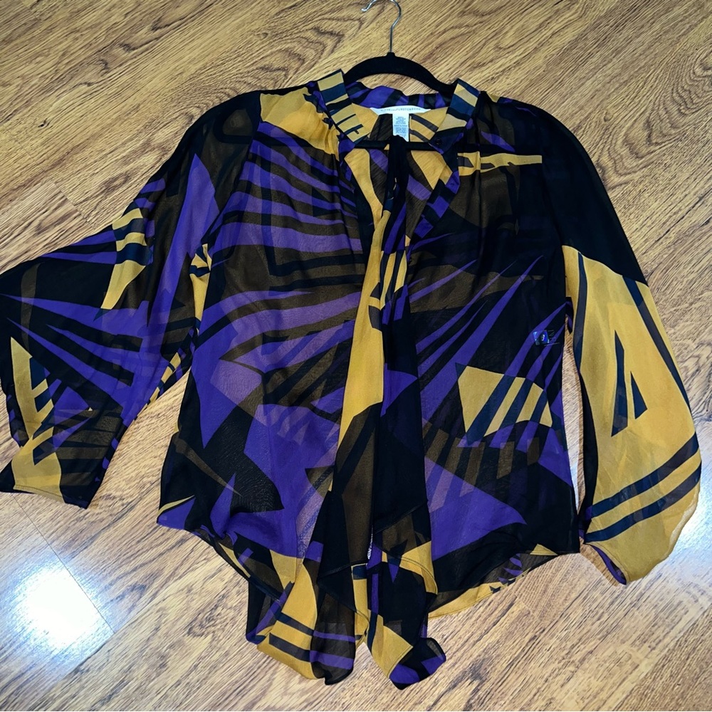 diane von furstenberg blouse black gold purple abstract with neck tie scarf 8